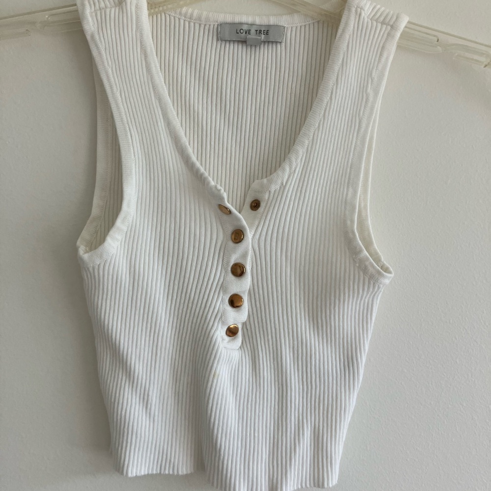 Love Tree White Ribbed Button Tank Top